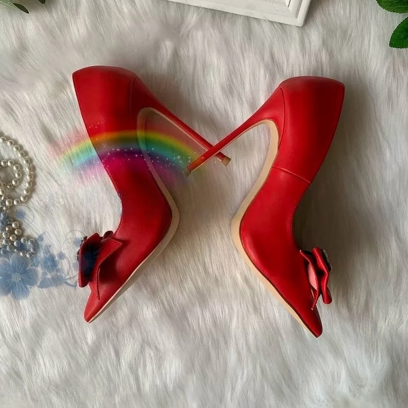 European and American Foreign Trade Matte Rhinestone Bow Pointed Chinese Wedding Shoes 12cm High Heel Women's Single Shoes
