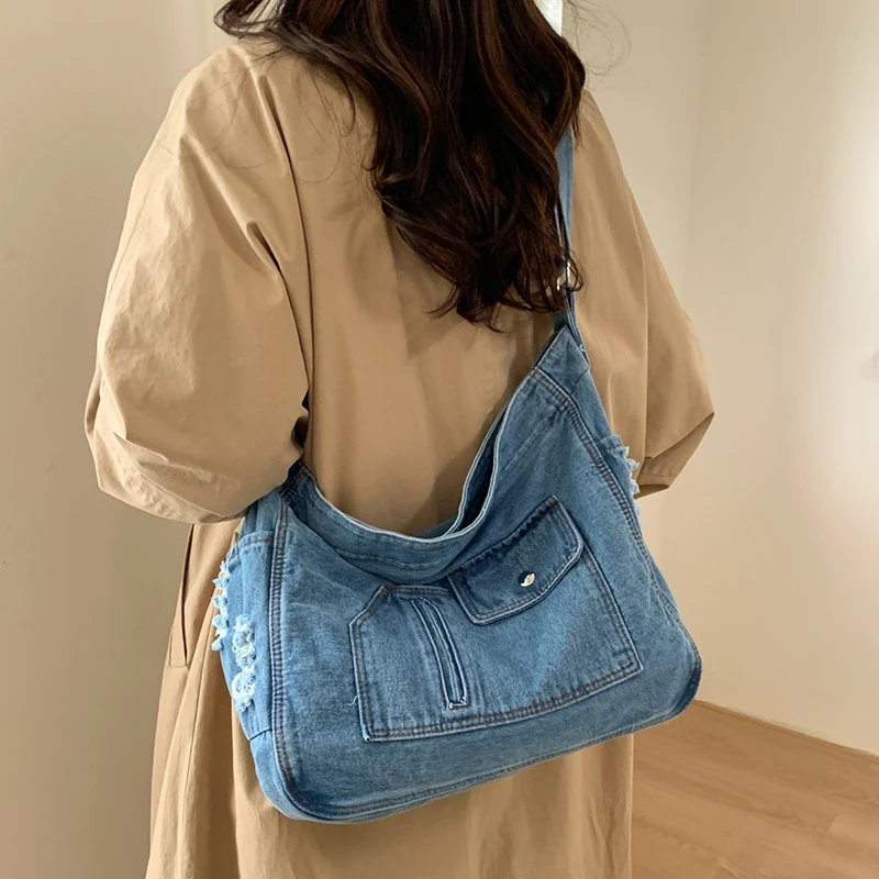

Large Capacity Women Denim Handbags Tote Bags High Quality Ladies Zipper Shoulder Messenger Bags Casual Female Big Shopping Bag