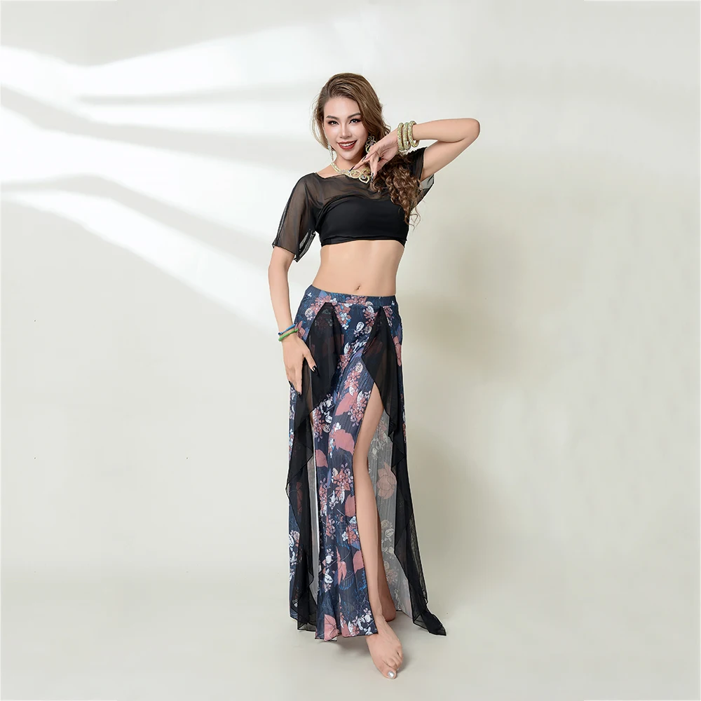 

Oriental Belly Dance Adult Elastic 2024 Autumn New Long Skirt Set Mesh Top+2 Piece Belly Dance Set