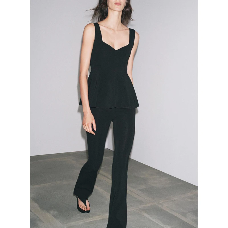 Top rotondo elastico a vita alta Ne e pantaloni svasati Set due pezzi gonna ort orlo Sle design semplice estate Faion donna...