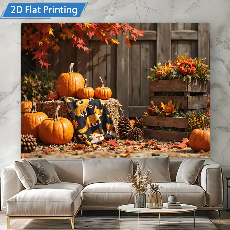 [2D FLAT] 1pc 4x16inch Metal Sign Autumn Harvest Scene Metal Wall Art with Pumpkins and Fox Pattern 2D Flat Print Decor