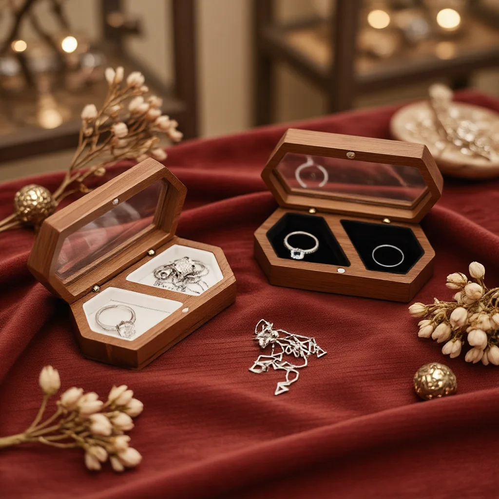صندوق تخزين حلقي خشبي مخصص، شكل سداسي مع غطاء شفاف، الأفضل لاقتراح الزفاف، حقيبة تنظيم المجوهرات الفريدة #2