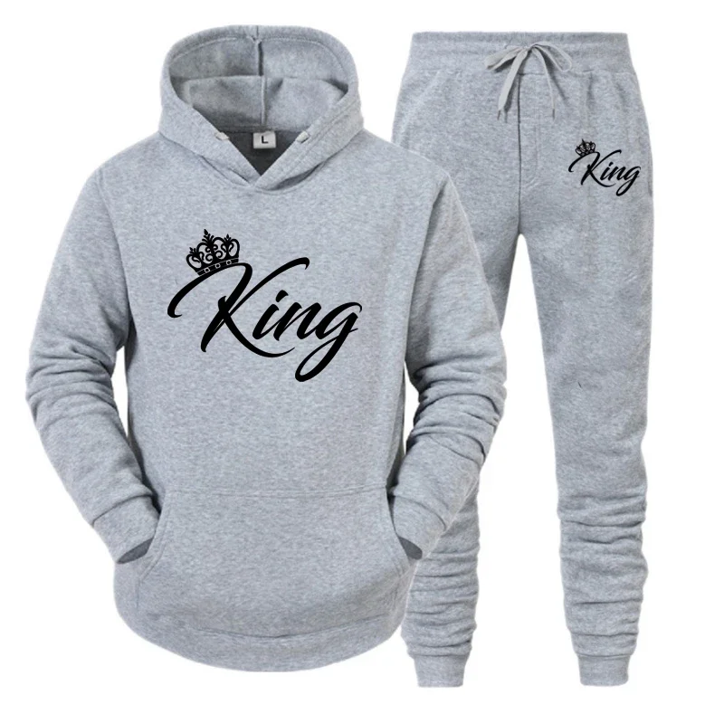 Queen or King Printed Couple Tracksuit Long Sleeve Hoodies and Pants 2 Pieces Set Streetwear Casual Lover Sportswear