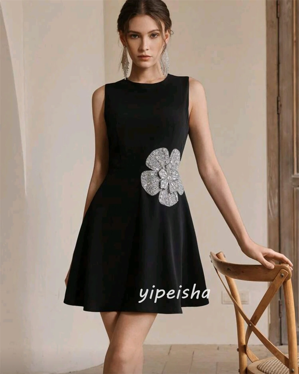 تخصيص الطراز الحديث الكلاسيكي جيرسي الديكور اليدوية زهرة ألف خط مغرفة الرقبة طول الركبة فساتين فساتين السهرة مطابقة #2