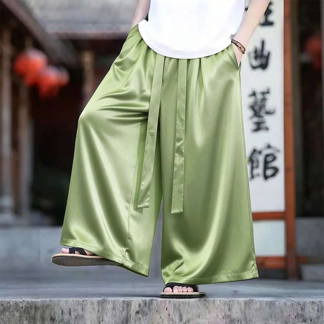 Solid Color Ice Silk Wide-leg Pants Quick-dry Satin Cropped Pants Unisex Skirt-pants Thin Cool Casual Long Pants Mens Clothing