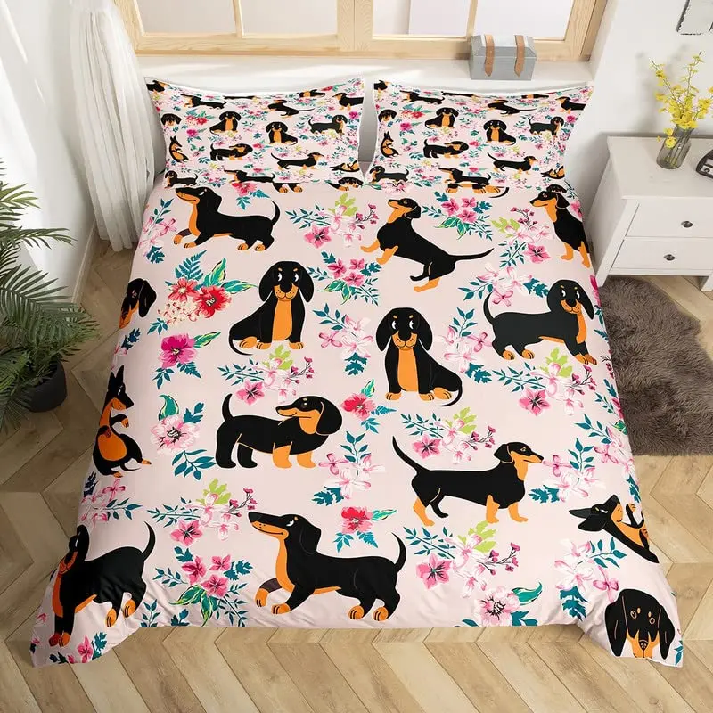 Sausage Dog King Queen Duvet Cover Floral Dachshund Bedding Set Cartoon Puppy Animal Comforter Cover Pet Polyester Quilt Cover