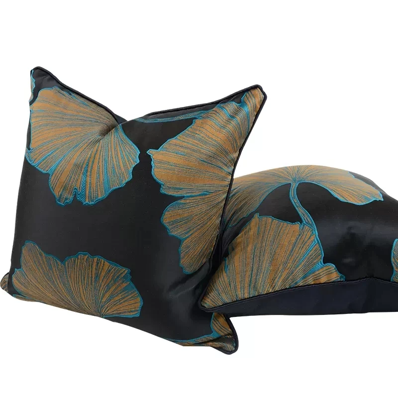 GUVINCI Ginkgo Leaves Jacquard Throw Pillow Cover Black And Brown Luxury Satin Decorative Cushion Case American Style Home Decor