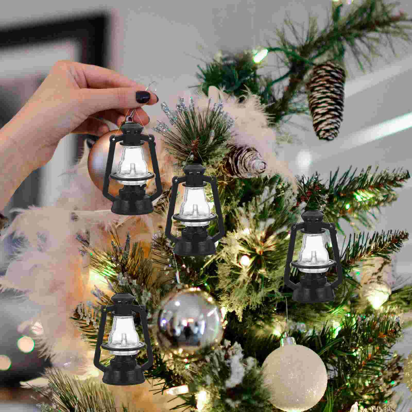 10 Pcs Red Christmas Tree Mini Kerosene Lamp Models Xmas Decor Retro Hanging Light Small Black Shaped