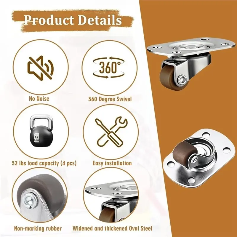 TFORU-1/2 Inch Mini Swivel Caster Wheels Set Of 8, 360° Ball Bearing Quiet Rolling Wheels Low Profile For DIY Projects Kitchen