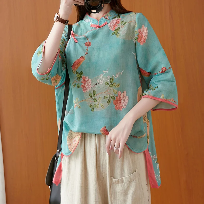 Ropa tradicional china para mujer, Top Retro con estampado de flores, Top Hanfu, Top elegante, traje Tang Oriental, blusa China