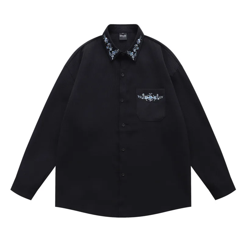 

Вафельная рубашка с длинными рукавами и цветочной вышивкой, унисекс, осенняя трендовая свободная куртка-рубашка для пар