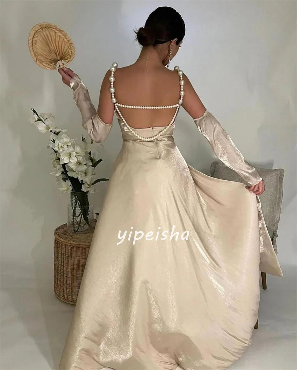 Customized Satin Pearl Beading Ruched Engagement A-line Square Neck Bespoke Occasion Gown Midi Dresses