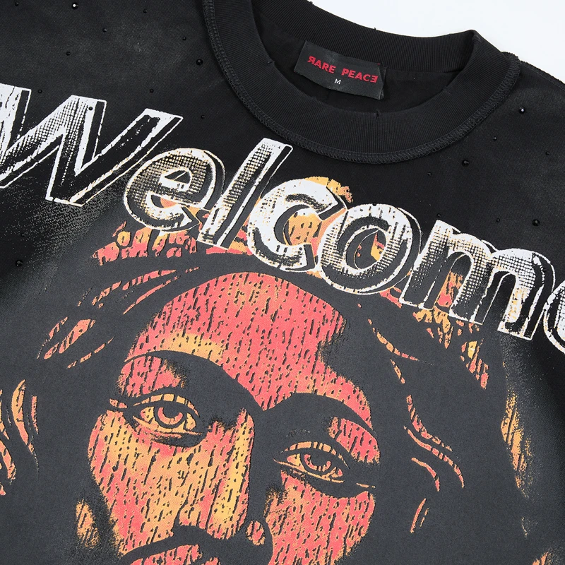 2026ss American RARE PEACE Tshirts High Street Washed Vintage Pattern Rhinestones Short Sleeve Cotton T-shirt