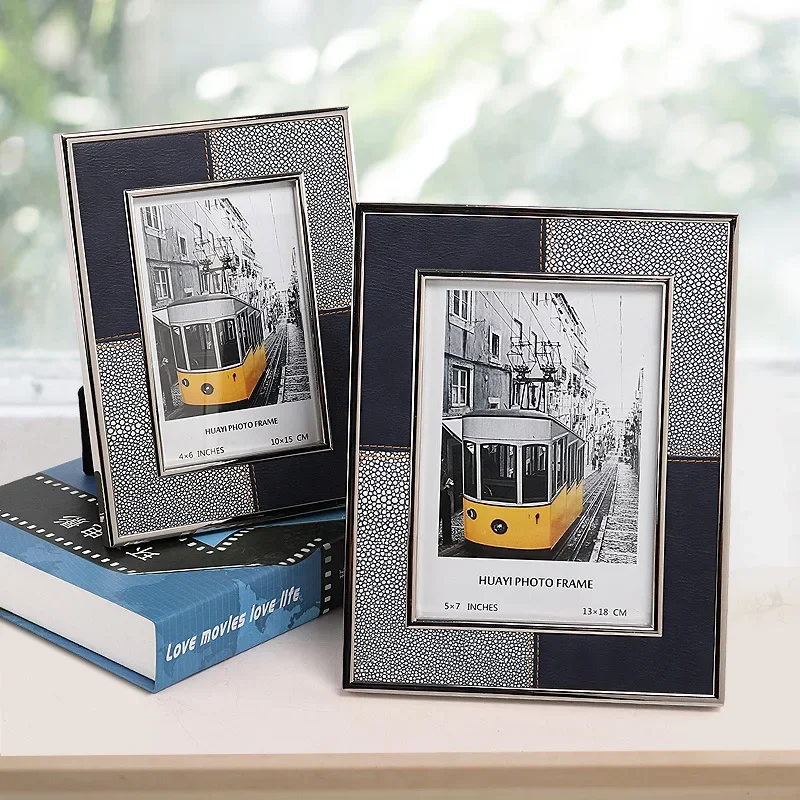 Stylish 6-Inch 7-Inch Leather Picture Frame with Color-Block Silver Metal Border Elegant Tabletop Photo Display Frame Home Décor