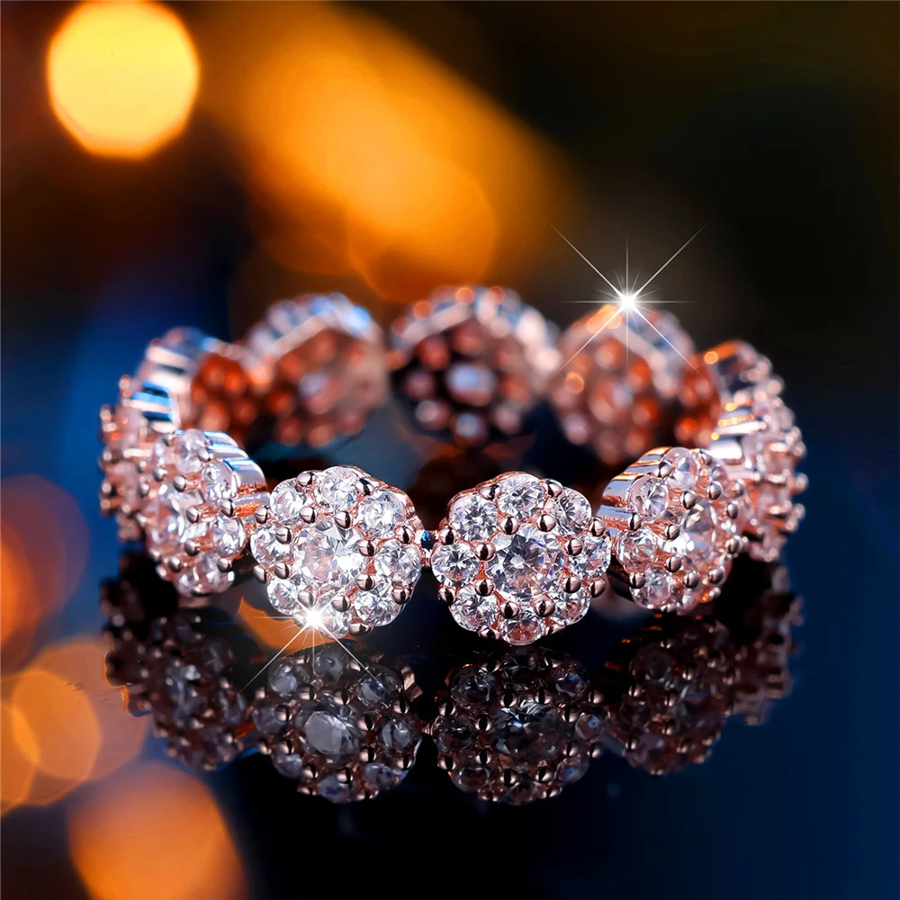 Charm Female White Zircon Stone Round Ring Vintage Rose Gold Silver Color Wedding Band Jewelry For Women
