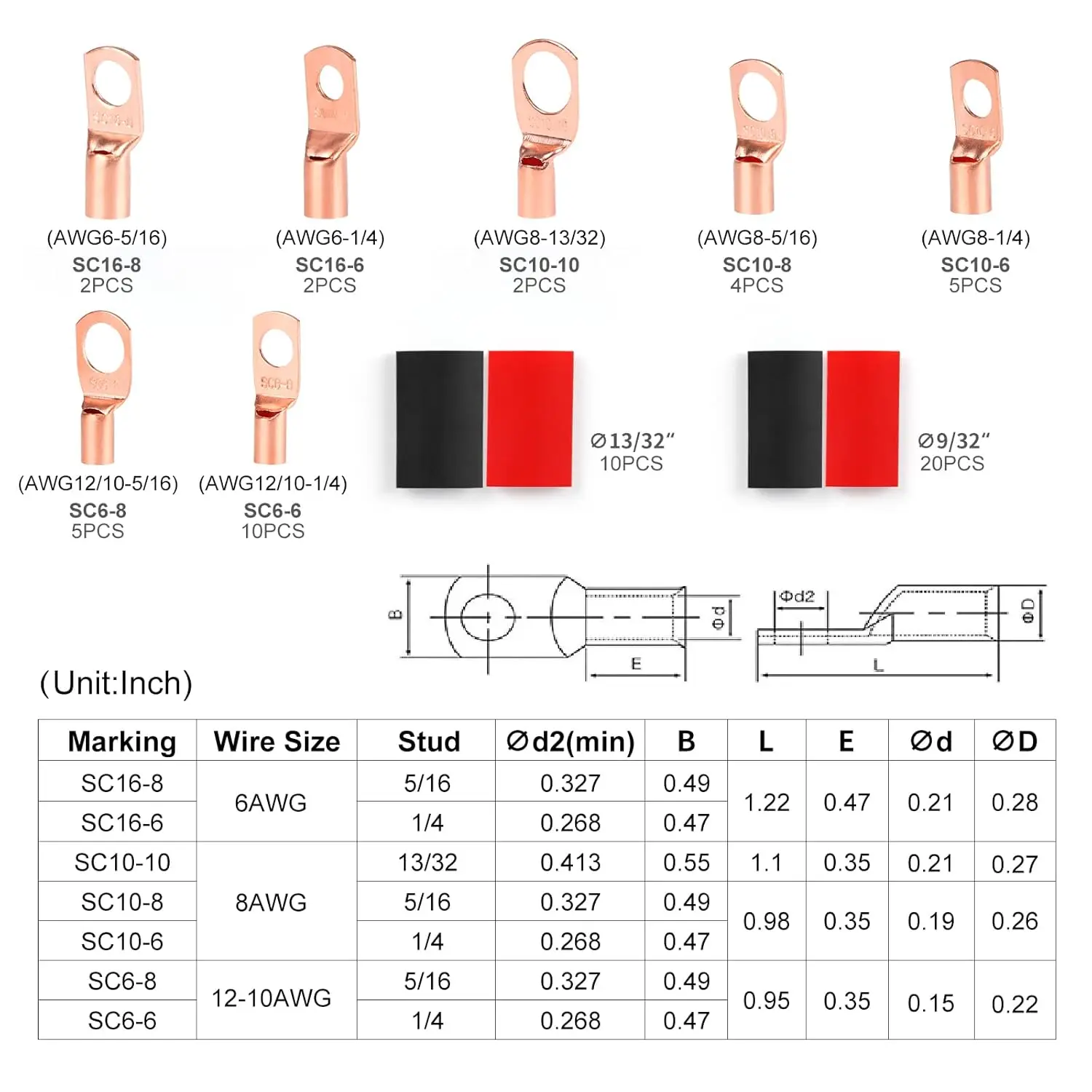Copper Ring Terminal Kit 100/60PCS AWG 4-12 Insulated Wire Lugs Electrical Connectors with Heat Shrink Tubing Set