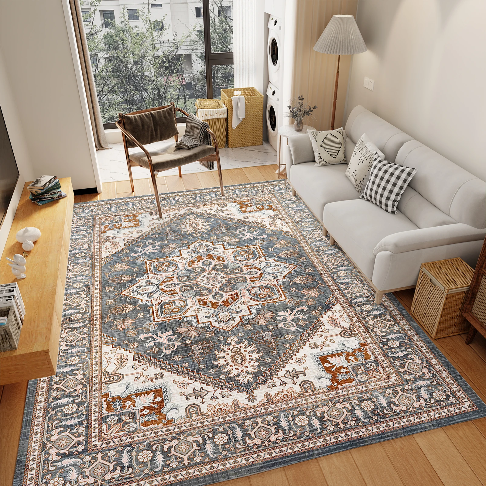 

Washable Rug Vintage Medallion Area Rug with Non-Slip Backing for Living Room Bedroom Kitchen Laundry Home Office, Brown