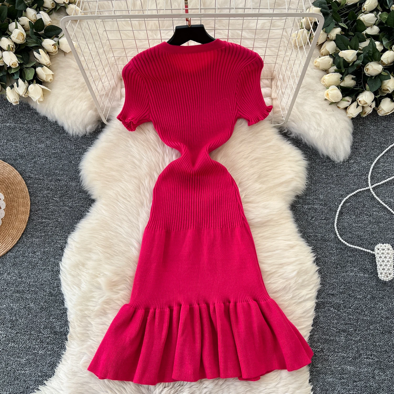 Chic O-neck Vintage Short Sleeve Elegant Ruffles Slim A-line Knitted Dresses Korean Fashion Evening High Street Autumn Clothing