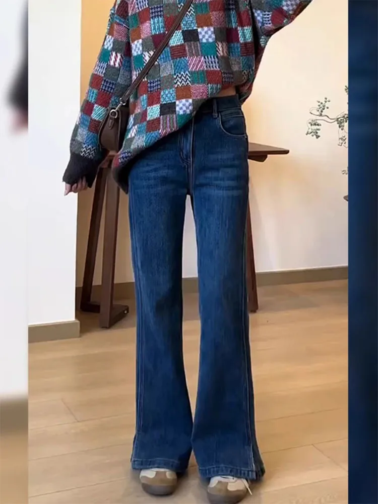 

plus Size Deep Blue Slit Wide Leg Pants Women's Loose Straight Cut Jeans High Waist Long Trousers Spring New Sle