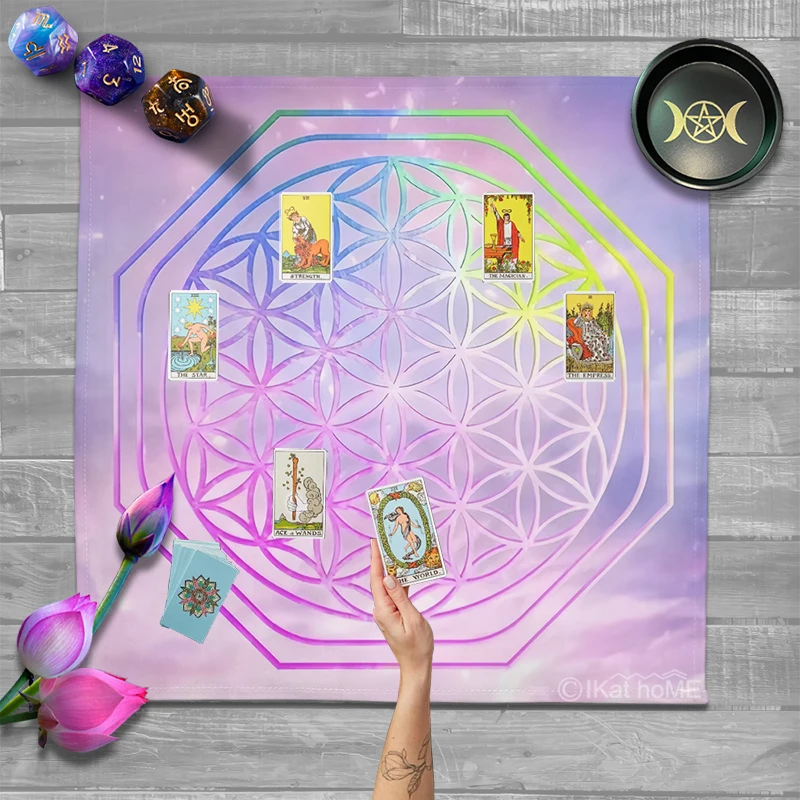 Pink Galaxy Tarot Tablecloth Flower Of Life Altar Cloth Oracle Cards Deck Pad Psychedelic Tapestry Wall Hanging Astrology Mat