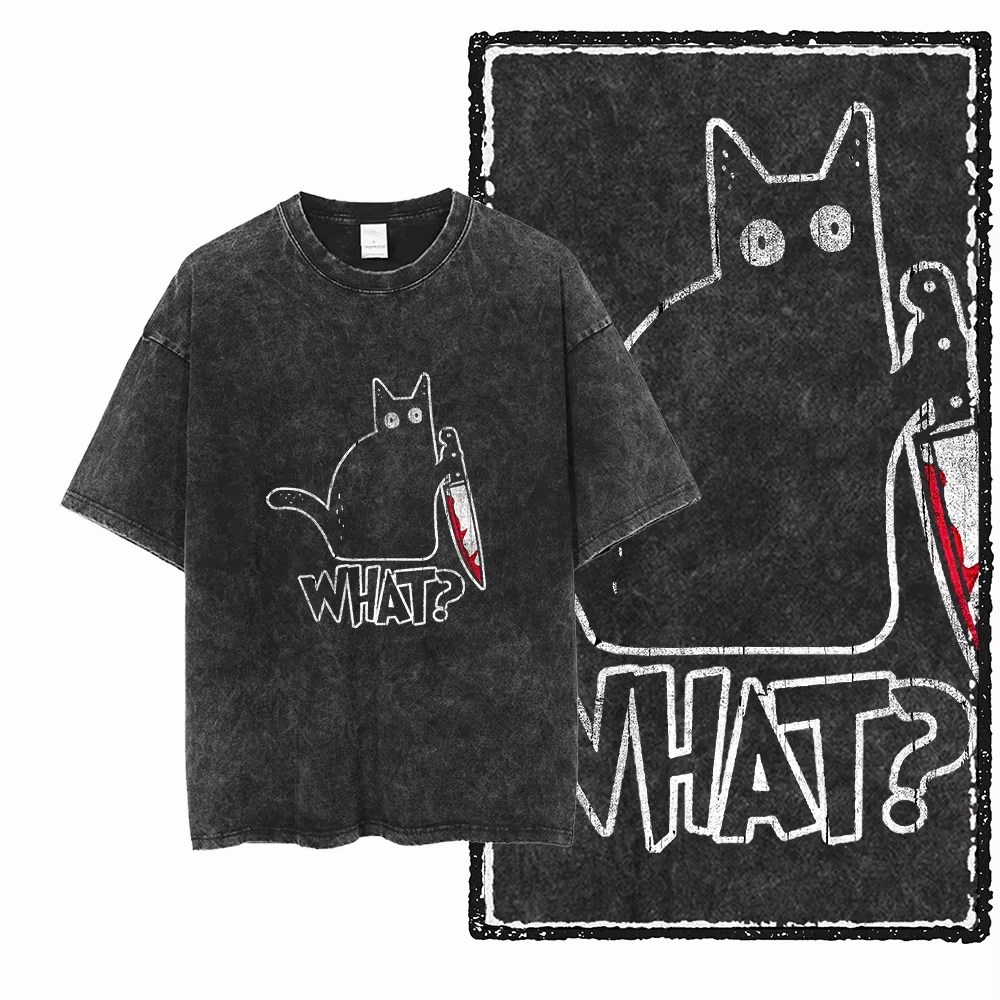 

Cat Printed Cotton Acid Washed Exclusive Graphic Unisex T Shirt Cool Streetwear Men Tshirts Big Size Tee for Women T Shirt