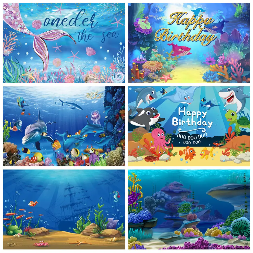 

Under The Sea Summer Ocean Photography Backdrop Ocean Fish Shark Dolphin Coral Baby Birthday Party Decor Photo Background Props