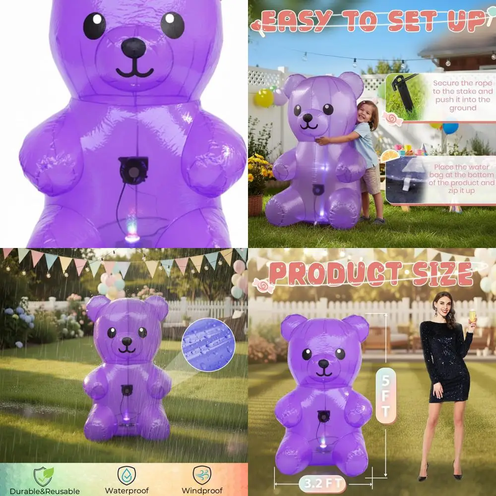 

5 футов прозрачный надувной клейкий медведь для уличных украшений Candyland для дня рождения и праздничной вечеринки - фиолетовый