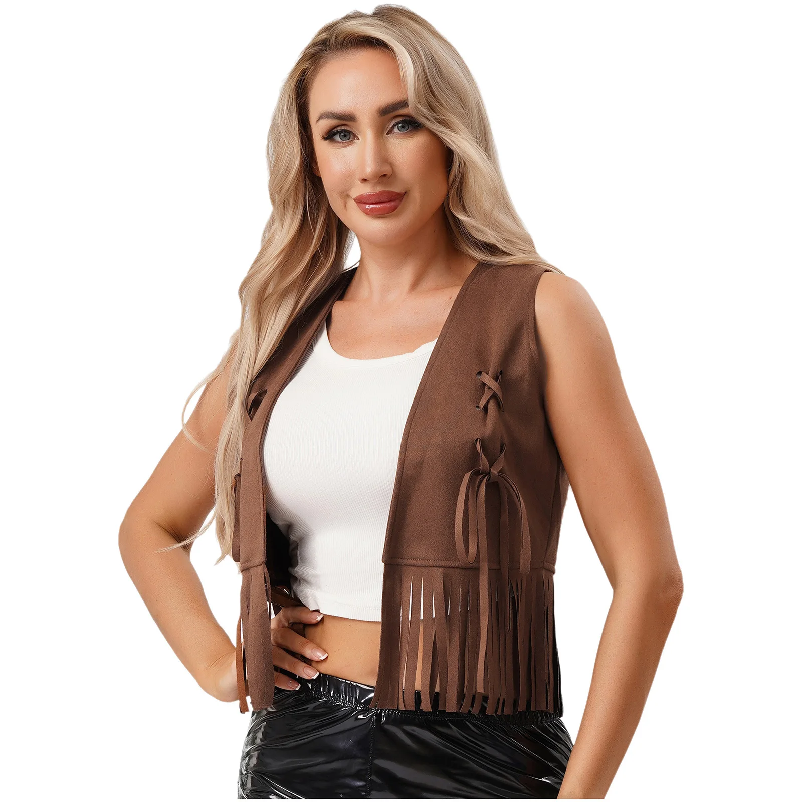 Women 70s Hippie Cowgirls Cosplay Costumes Crop Tank Top Brown Color Waistcoat Open Front Tying Decor Tassel Trim Cardigan Vest
