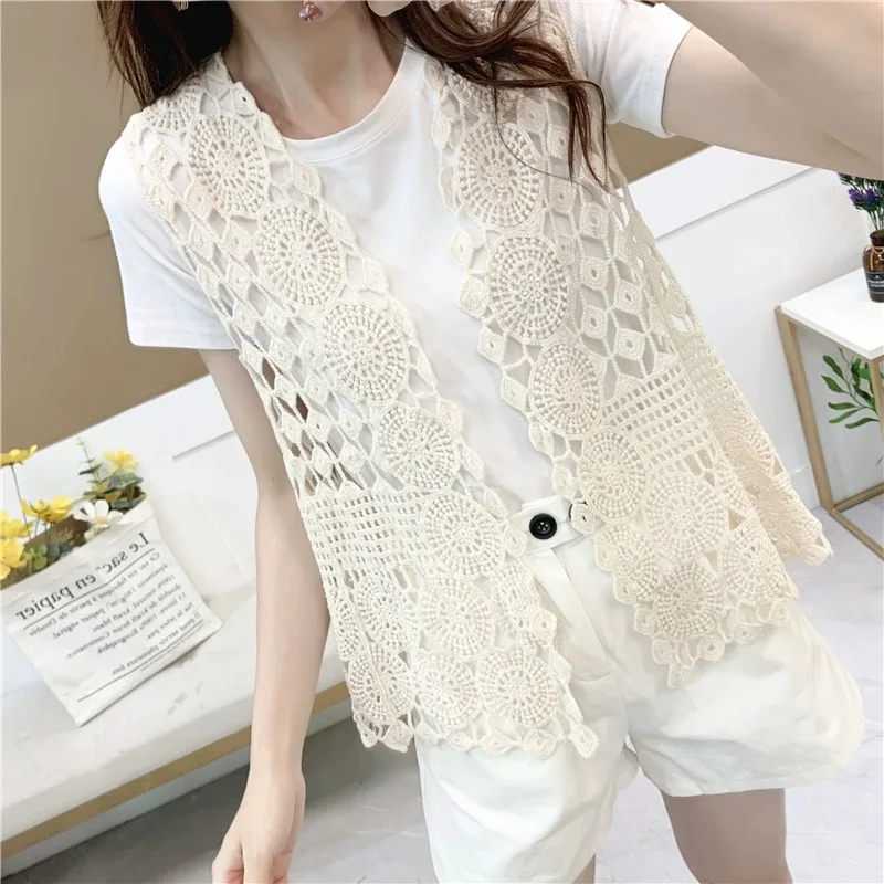 Women's Summer Hollow Out Crochet Lace Vest Korean Style Sleeveless Beige White Knit Cardigan Holiday Beach Thin Cover-Up Jacket