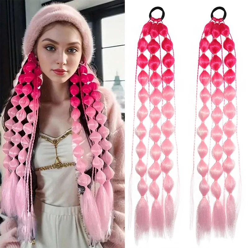 

Colored Hair Extensions 24inch Rainbow Bubble Ponytail Extension for Kids Colored Braids with Hair Tie Festival Rave Accessories