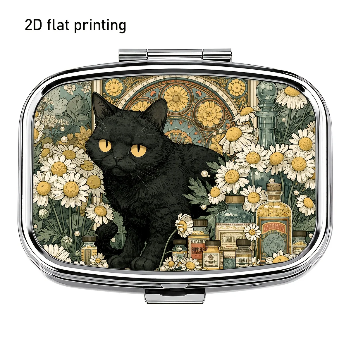 Single-piece, flat, square, double-compartment pill box, decorated with a daisy garden black cat checkered pattern design, a simple and elegant metal jewelry box, a decorative metal storage box for storing medication and vitamins