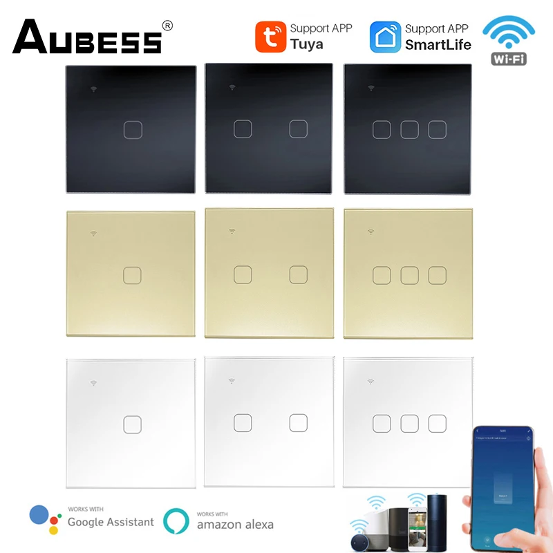 

Умный настенный сенсорный выключатель Aubess с поддержкой Wi-Fi и управлением через приложение Alexa/Google Home