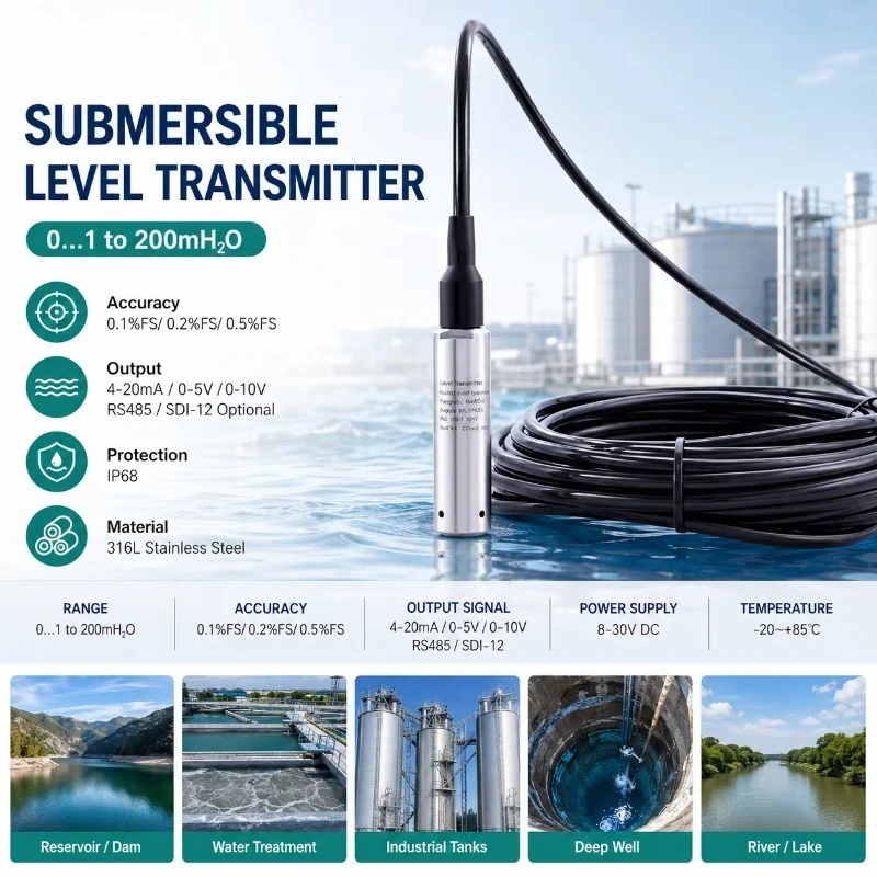 Submersible Water Level Transmitter IP68 4‑20mA RS485 Hydrostatic Liquid Level Sensor for Water Tank Measurement Accessory