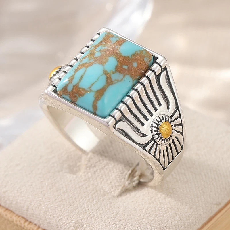 Vintage Silberfarbener Ring mit Eingelegtem Imitiertem Türkis für Damen Geometrischer Alltags- und Partyschmuck – Detail 3