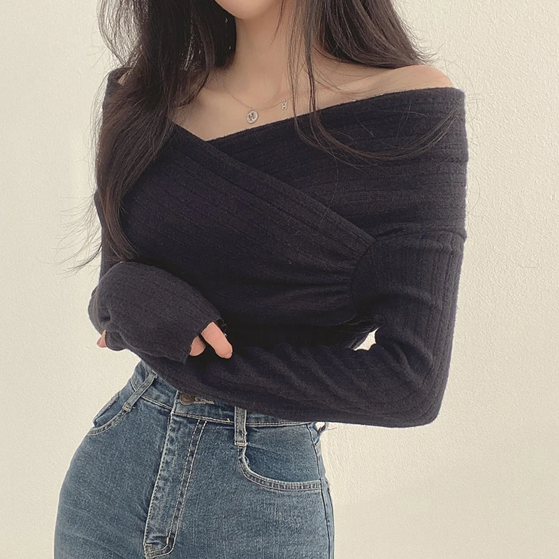 Blue One Shoulder Short Knit Pullover Women Fall Winter Sexy Strapless Long Sleeve Sweater Top 3 Colors