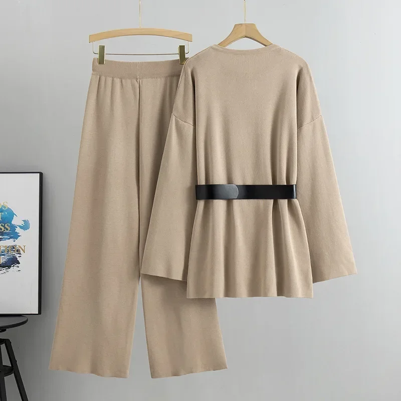 Elegant Sweater with Belt Pants Suit Women Outifits  Autumn New Fashion Sweater with Knitted Wide-leg Pants Female Two-piece Set