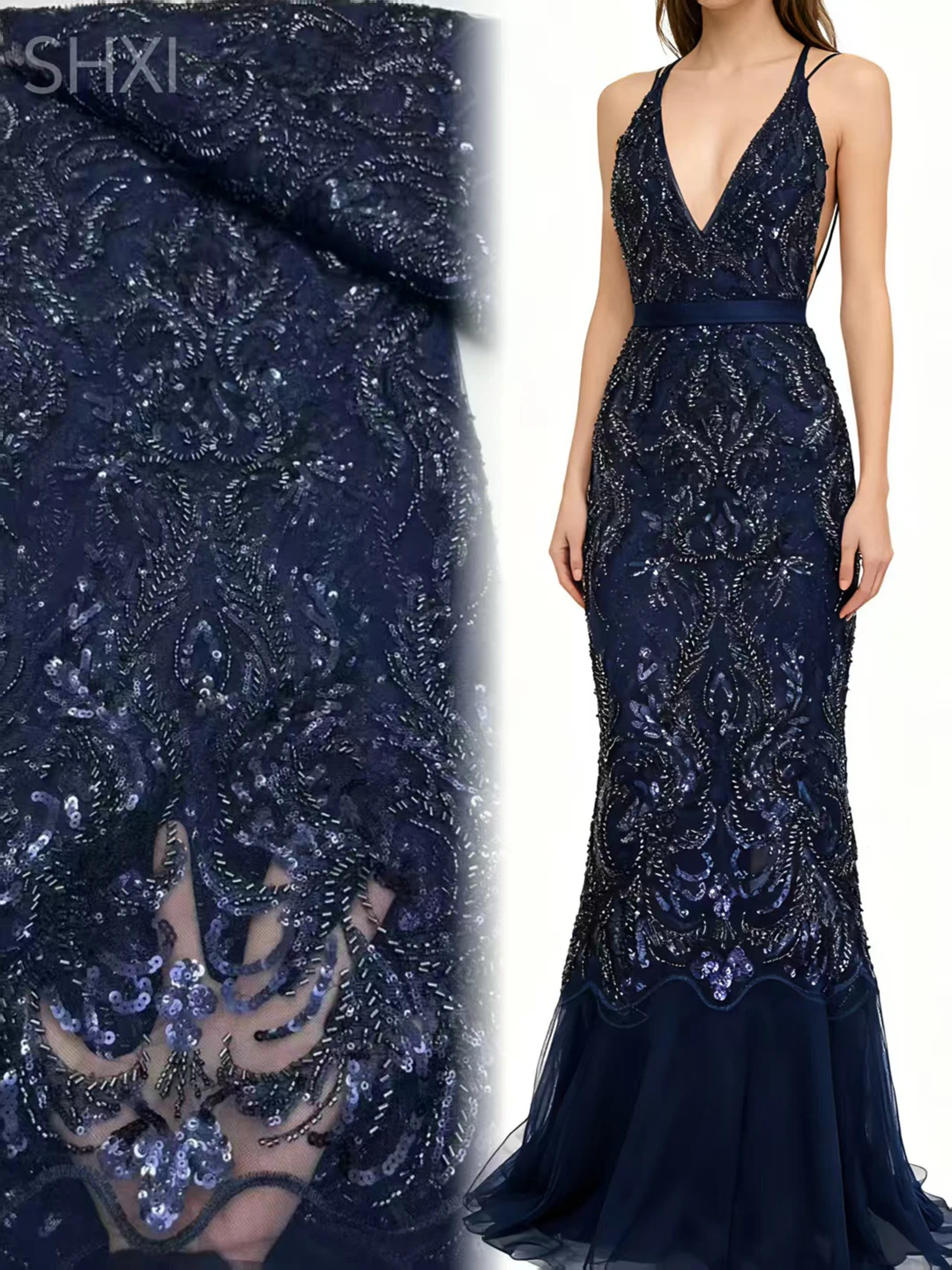 Tessuto di pizzo ricamato con paillettes e perline di lusso, tulle glitterato glamour per abiti da cerimonia nuziale personalizzati