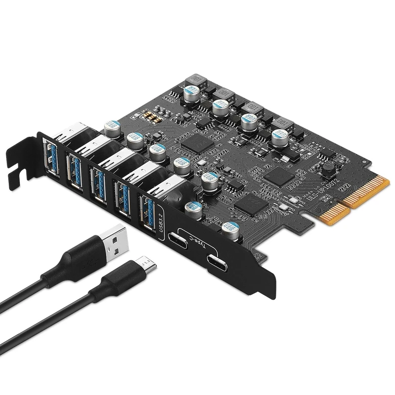 7-Port PCIe to USB 3.2 Gen 2 Card with 10Gbps Bandwidth 7 Ports (5 USB A 2 Type C) Converter PCIE Splitter ASM3124 Chip