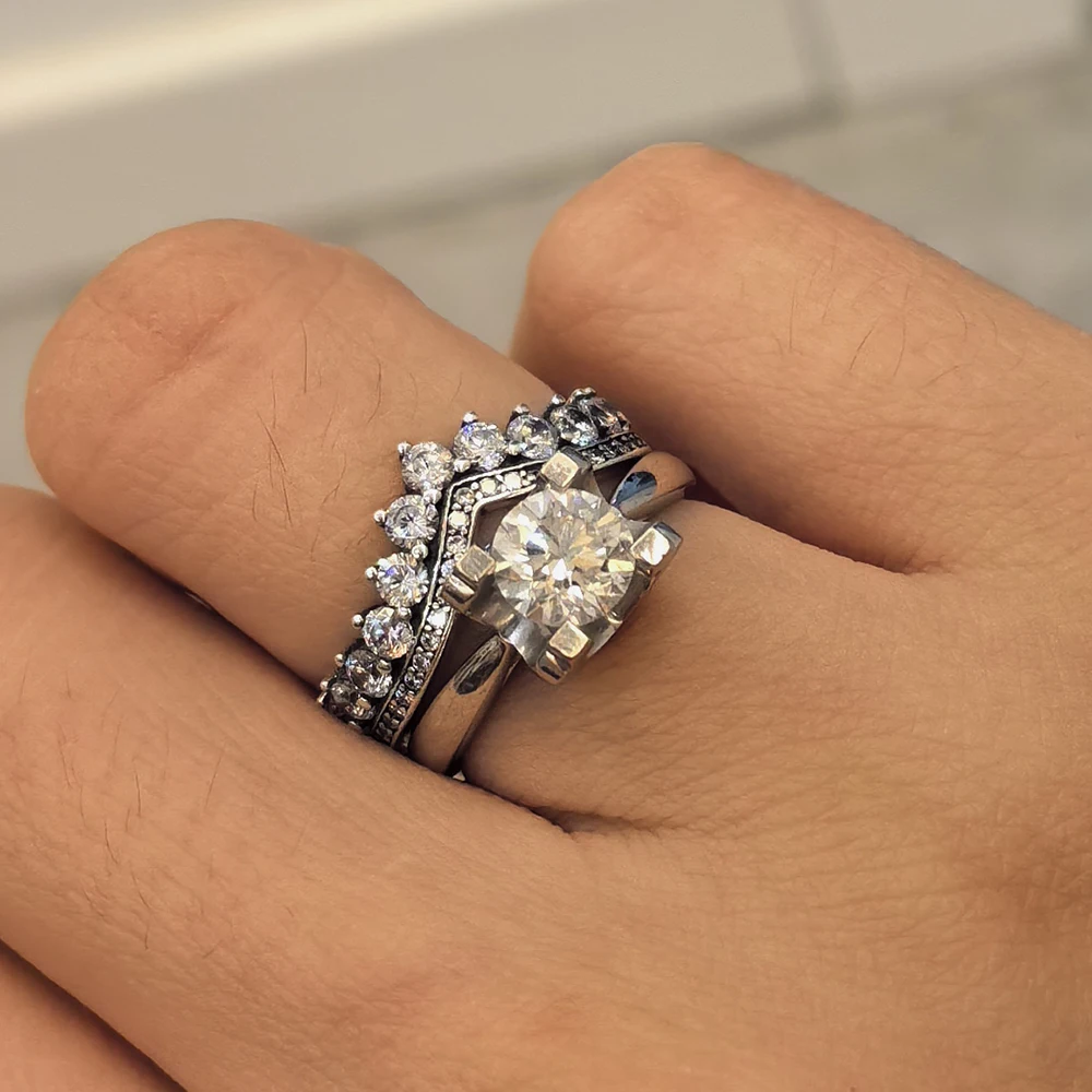 S925 Silver Moissanite Engagement Rings For Women Lab Diamond V-shaped Princess Crown Wedding Band Bride Stackable Ring GRA