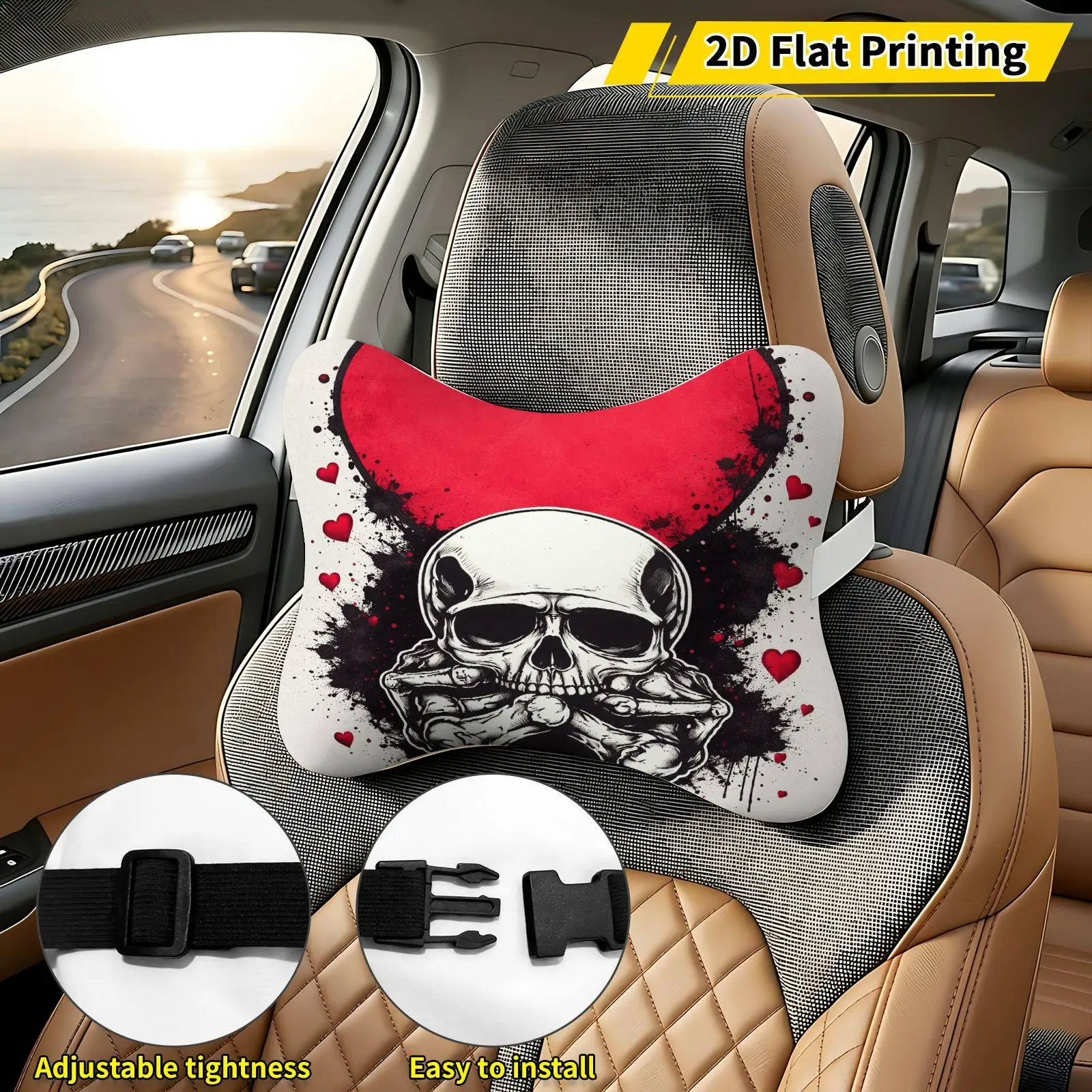 2pcs Heart Skull Bone Car Seat Headrest, Neck Support Cushion, Suitable For All Seasons Of Car Additions, Love Theme, Travel Nec