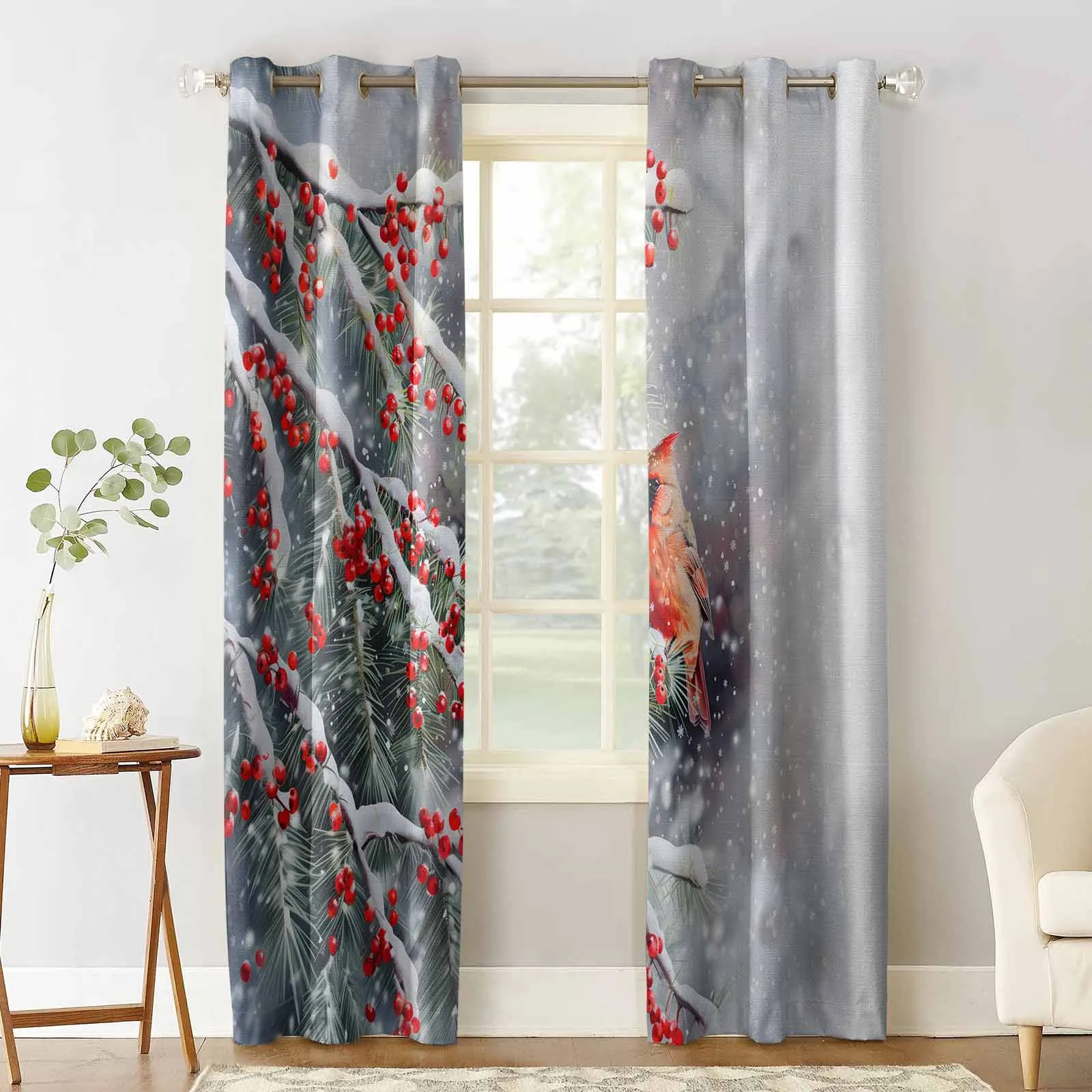 Red Sparrow Berries In Winter Snow Curtains for Living Room Bedroom Decorative Window Treatment Drapes Kitchen Curtains