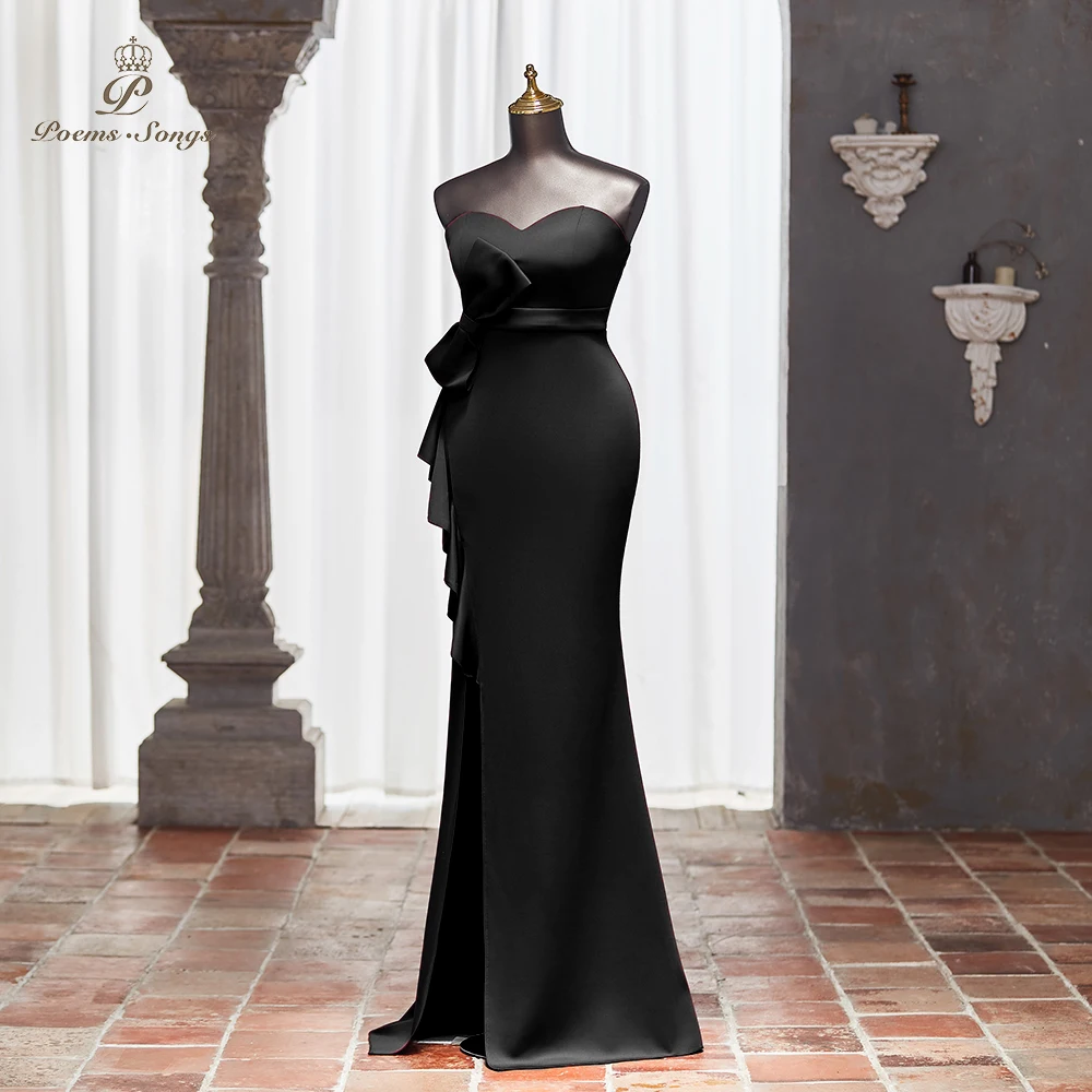 Customized Chic Black Strapless Maxi Dress with Large Bow and Front Slit, Slim Fit Elegant Evening Dress  vestidos de noche