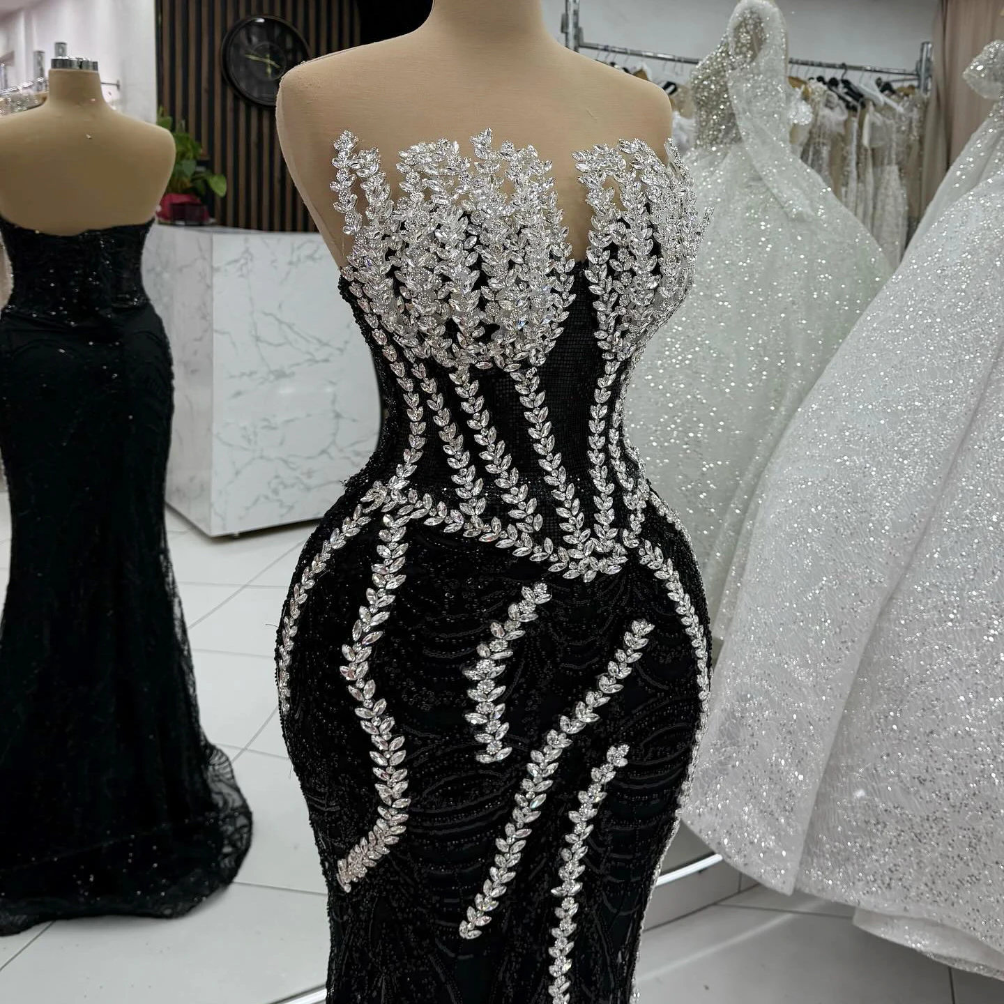 

Черное вечернее платье русалки без бретелек Aso Ebi по индивидуальному заказу, серебряные геометрические хрустальные бусины, платья для особых случаев на заказ