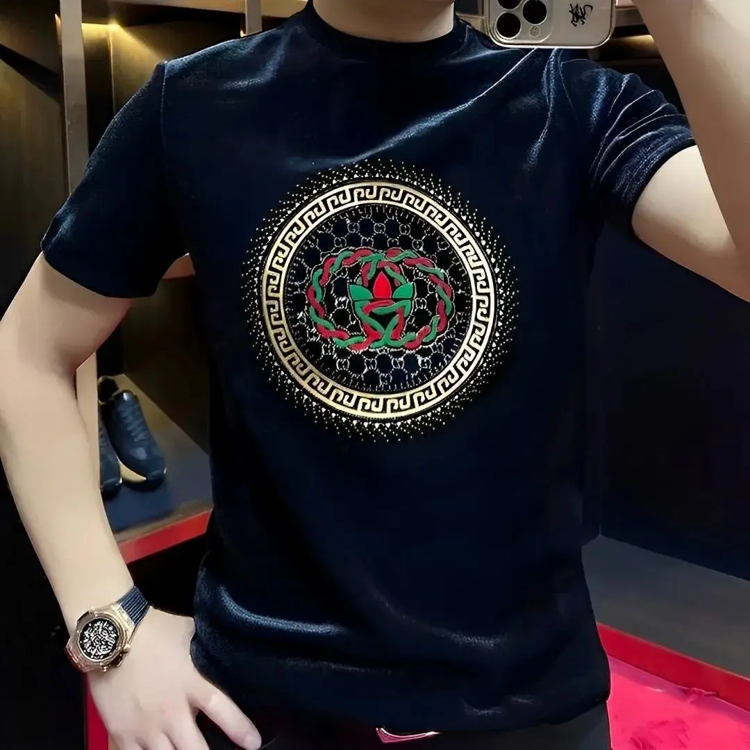 Trendiges T-Shirt für Herren, Herbst und Winter, Plüsch, Samt, geprägt, Strass, Rundhalsausschnitt, halbe Ärmel