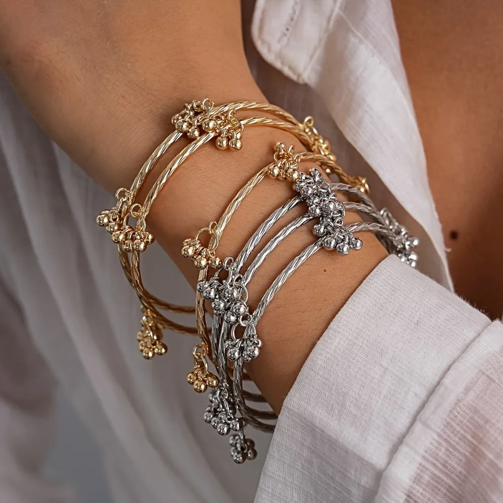 3 Pcs/set Versatile Metal Twisted Bangle Bracelet Tiny Bead Bell Gold Color Boho Bangle Set Stackable Bangle Bracelet For Men
