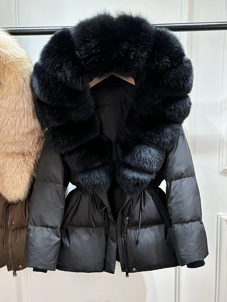 2026 New Winter Real Natural Fox Fur Collar Thick Wam Puffer Jacket Women Hooded Belt Slim White Duck Down Coat Waterproof Parka