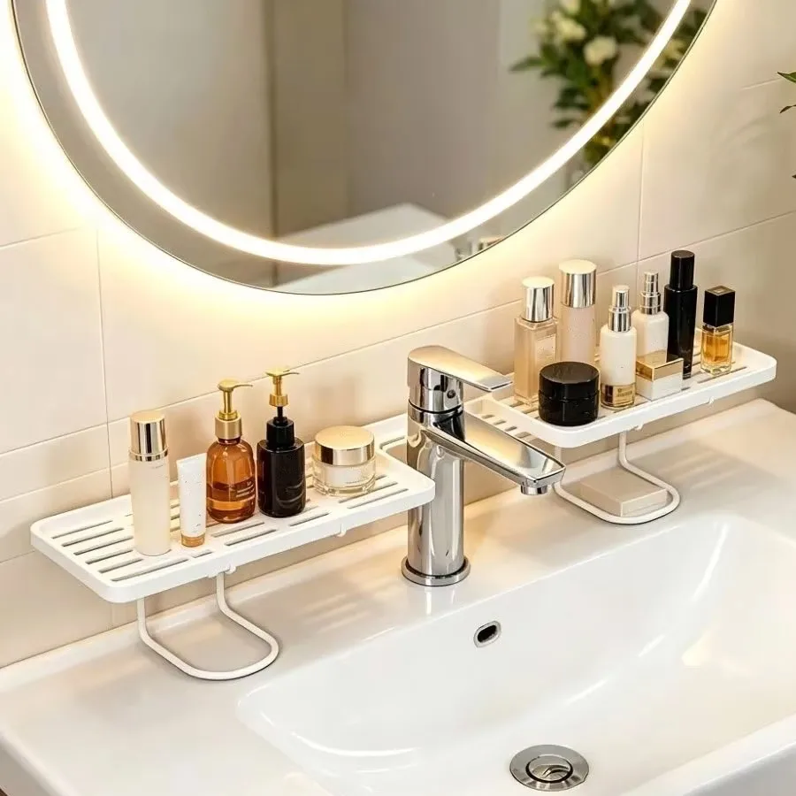 Bohrfreier Spülbecken-Organizer – Freistehendes Kohlenstoffstahl-Ablageregal für Armaturen, Platzsparender Badezimmer-Arbeitsplatten-Organizer – Detail 3