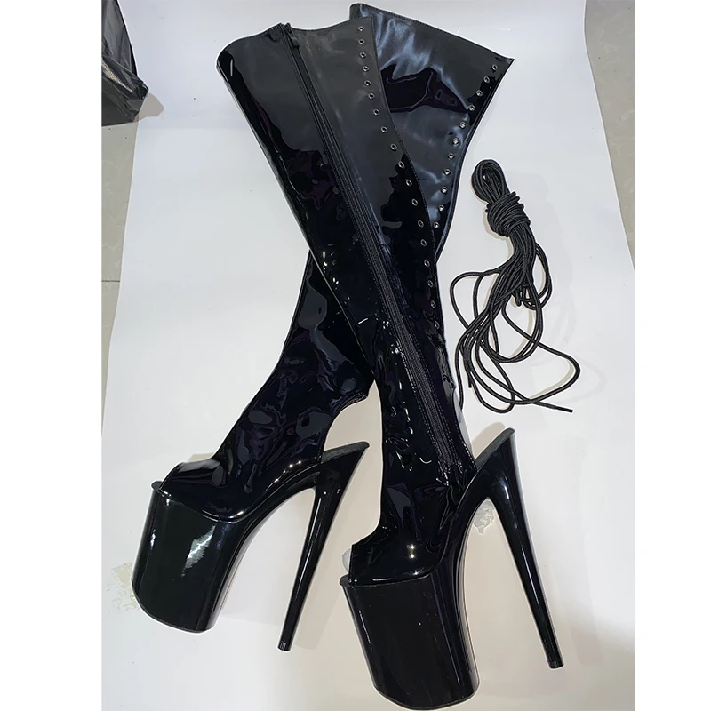 LAIJIANJINXIA-zapatos de baile con punta abierta para mujer, botas de moto con cordones, tacones finos, Sexy por encima de la rodilla, bota de baile