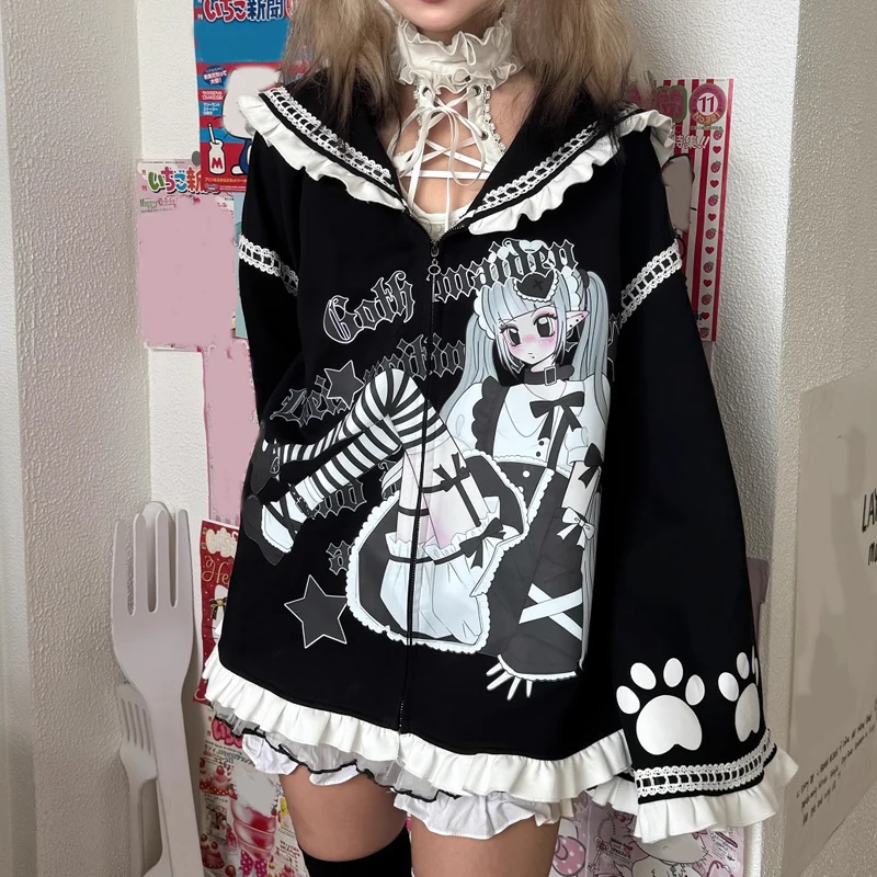 

Subculture Japanese Anime Print Gothic Long Sleeve Navy Collar Coat Sweet Ruffle Zipper Oversized Sweatshirt Coat Autumn Winter