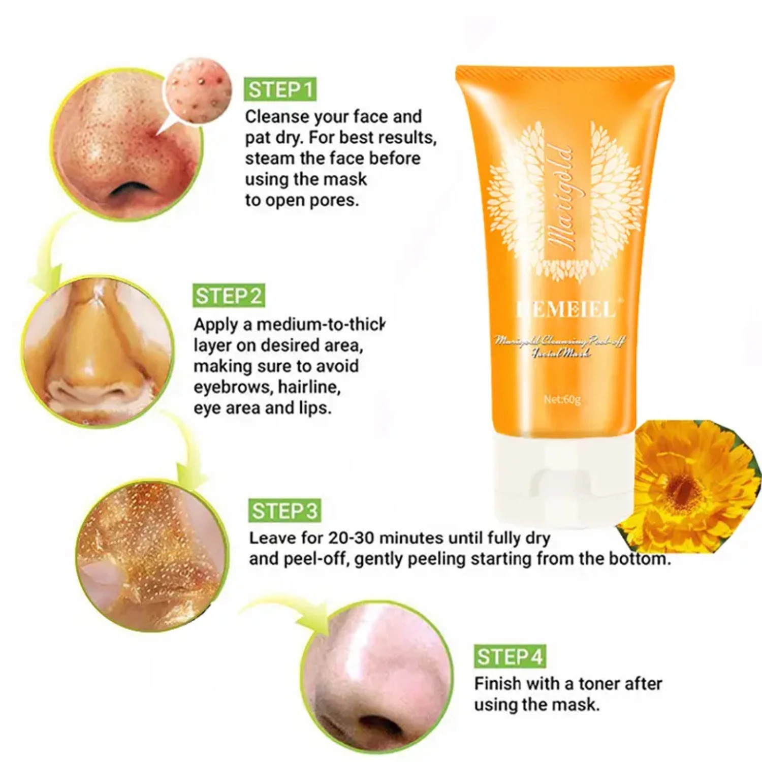 Diep reinigend HEMEIEL Calendula Peel Off-masker - Exfoliërend en hydraterend gezichtsmasker voor mee-eterverwijderaar voor acnebehandeling en